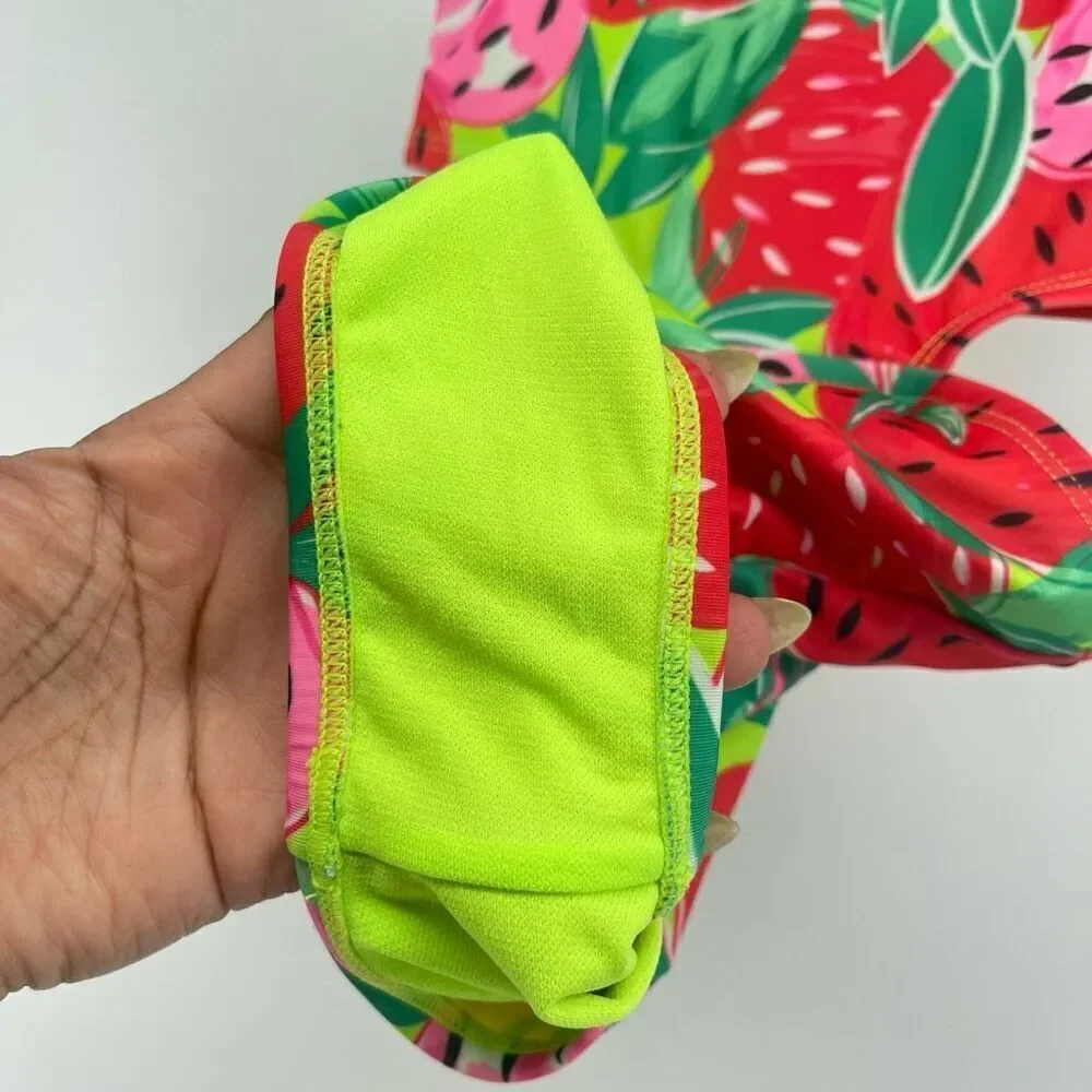 Cat & Jack Girls Pink Sweet Strawberry Print Ruffle Strap Cutout Swimsuit XS 4/5
